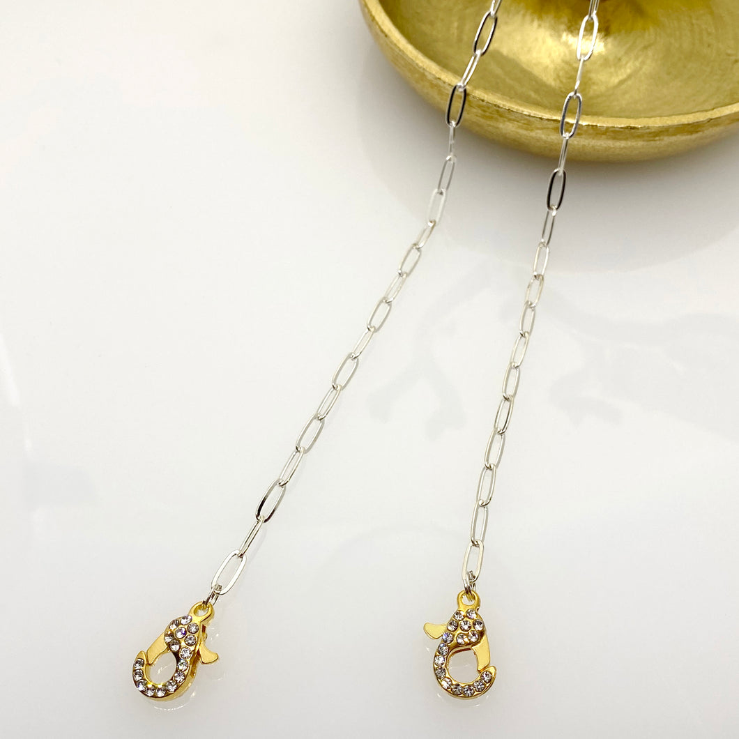 Breakaway Mask Chain. Safe Mask Strap, Silver Paperclip Chain - Gold Rhinestone Clasps I  Made in Hawaii